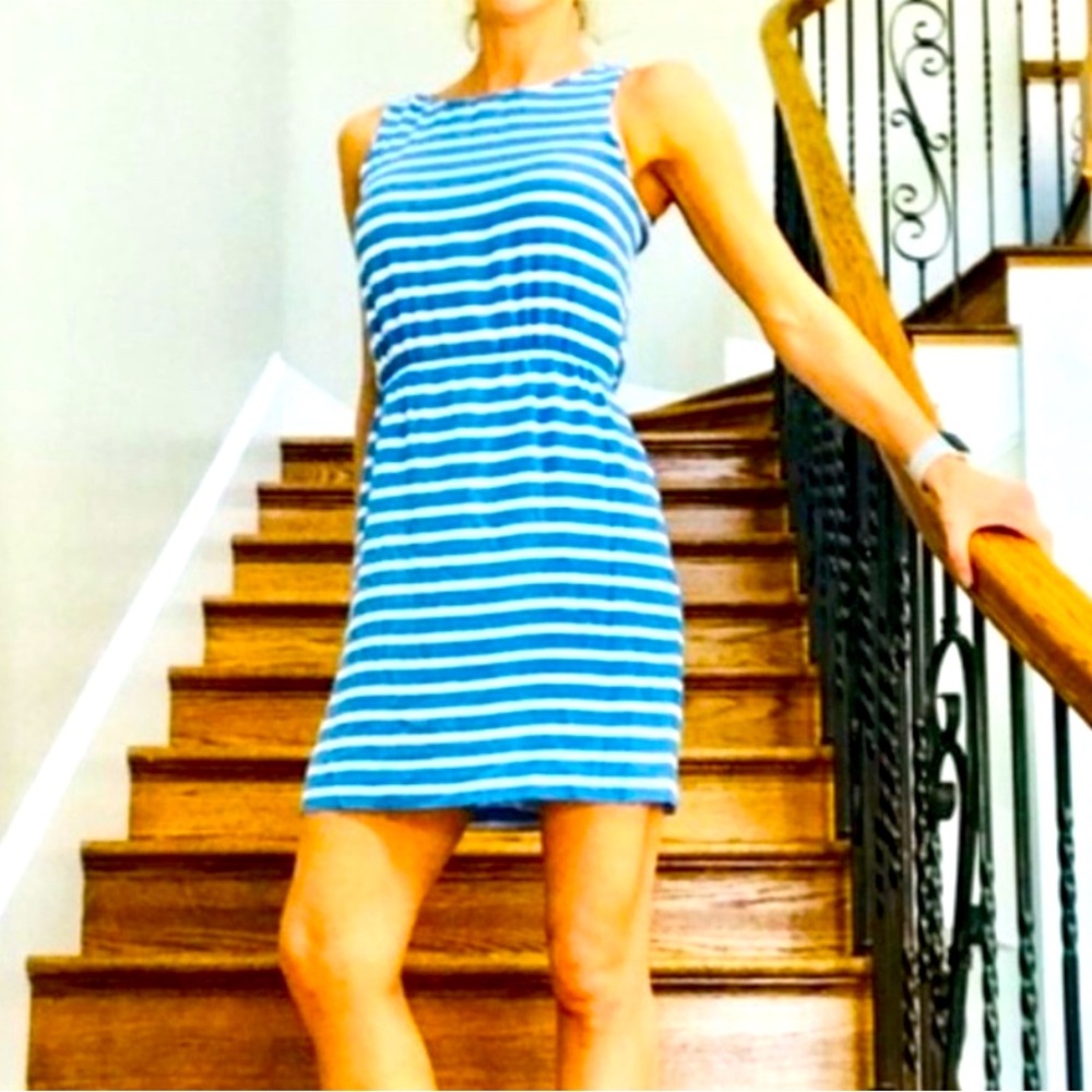 J.Crew Striped Pleated Ponte Dress size 4 Zip Back blue summer sleeveless
